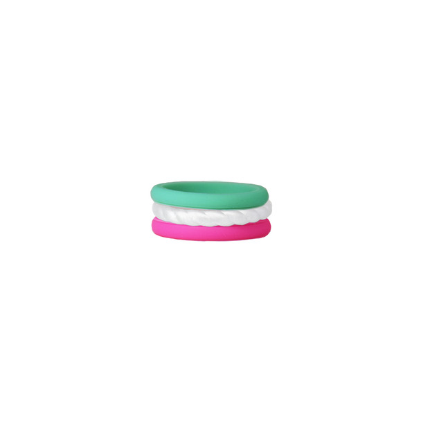 Lifebeats Stackable Silicone Ring Set - Hot Pink White Teal Size 4