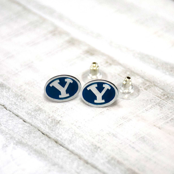Brigham Young Cougars BYU Cougars Post Earnings earrings with blue and white design.