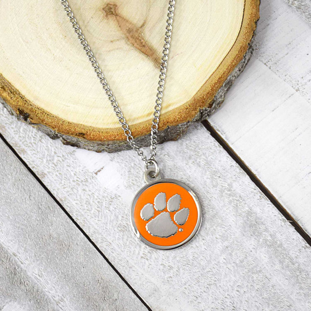 Clemson Tigers cutout necklace, silver chain, orange and silver paw print pendant, Clemson Tigers jewelry, collegiate accessory.