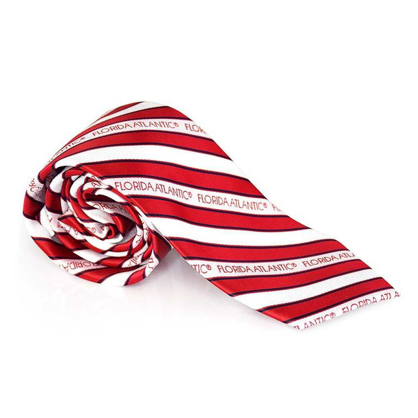 Florida Atlantic Owls Men's Tie, red and white stripes, Florida Atlantic branding, men's accessory.