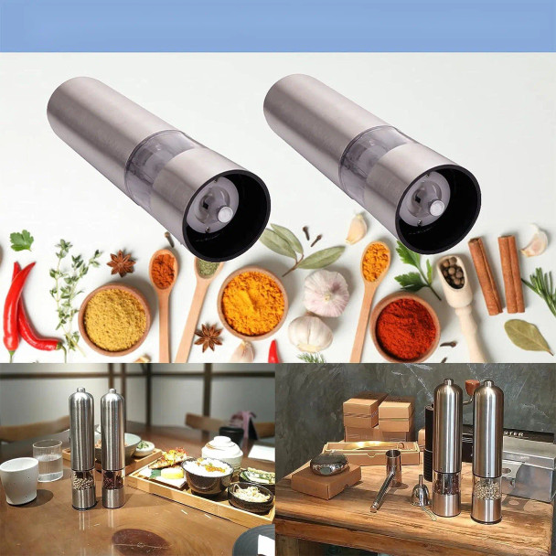 2pcs Stainless Steel Electric Automatic Pepper Mills Salt Grinder Silver