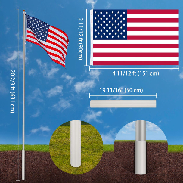 20ft Sectional Al Flagpole with US Flag Ball