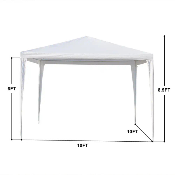 White 10'x10' heavy duty gazebo pavilion with dimensions labeled, for outdoor events and parties, shown with measurements in feet.