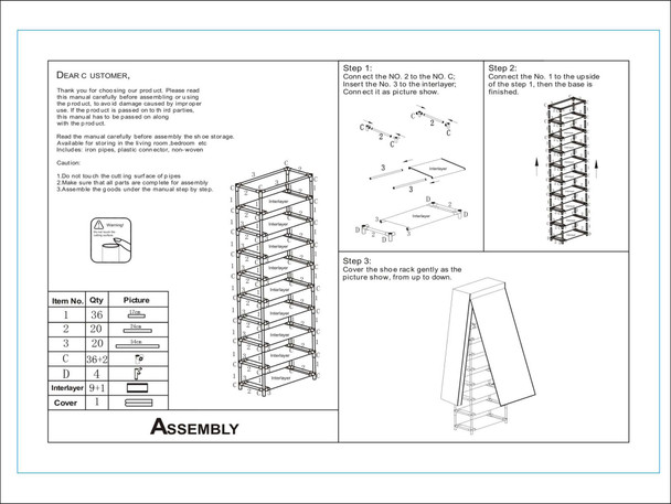 10 Layer 9 Grid Shoe Rack Shelf Storage Closet Organizer Cabinet assembly instructions and product diagrams in black and white illustration format.