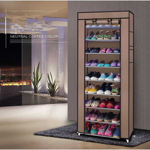 10 Layer 9 Grid Shoe Rack Shelf in neutral coffee color, storing multiple shoes in a closet organizer cabinet.