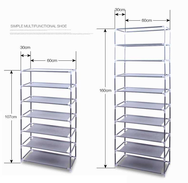 10 Layer 9 Grid Shoe Rack Shelf Storage Closet Organizer Cabinet in multiple colors with dimensions labeled, metal frame and shelves shown.