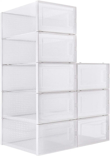 Foldable Shoe Box; Stackable Clear Shoe Storage Box - Storage Bins Shoe Container Organizer; 8 Pack; White