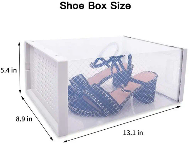 White foldable shoe box, 8-pack stackable clear shoe storage bins with shoe organizer, displaying size measurements and containing blue high heels.