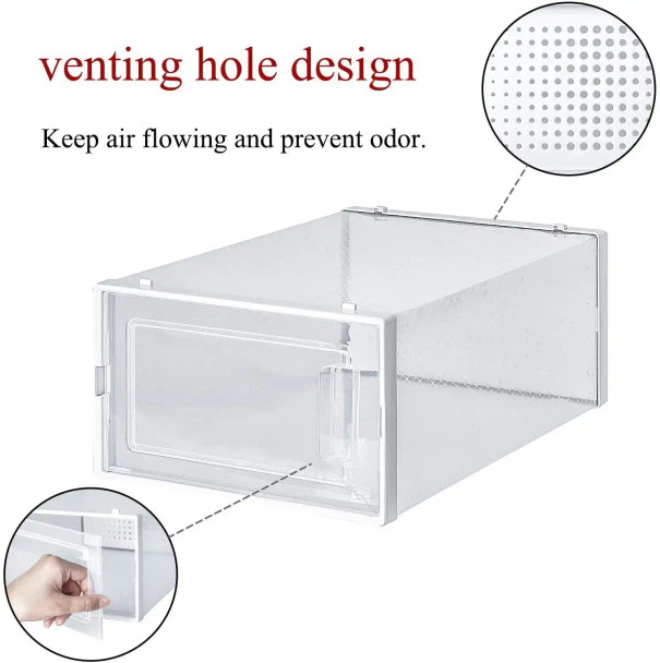 Clear plastic shoe storage box, foldable and stackable, 8-pack, white color, for organizing shoes and storage bins.