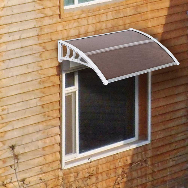 Brown 100 x 80 household application door and window awning installed above a window on a wooden house exterior.