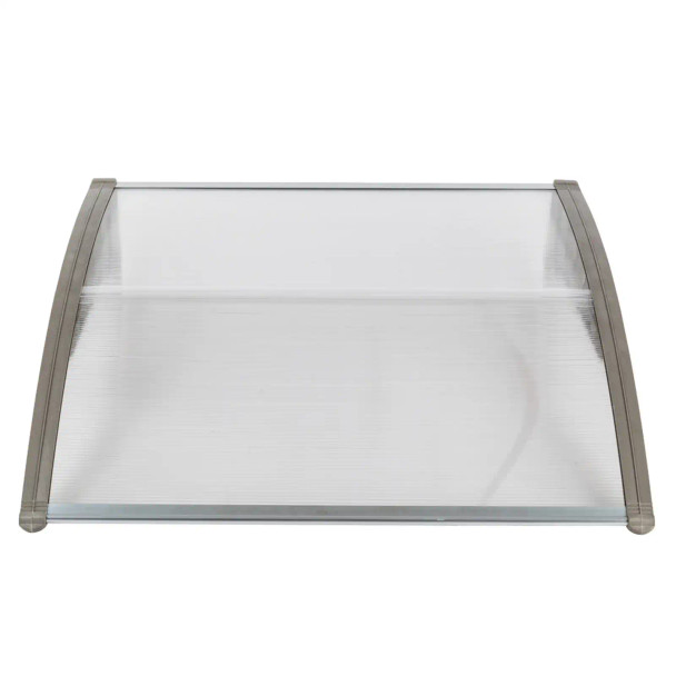 40 inch x 40 inch outdoor front door window awning patio canopy rain cover, UV protected eaves, clear view and gray frame.