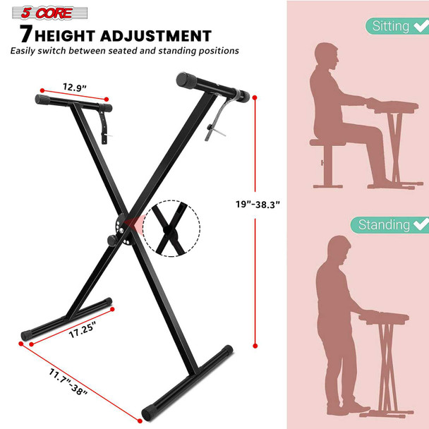 Black adjustable keyboard stand, X-style, for 54, 61, 76, 88 keys, with height adjustment settings for sitting and standing positions.