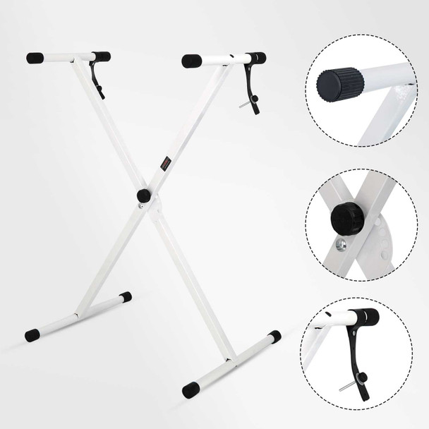 White adjustable X-style keyboard stand for 54, 61, 76, 88 keys, electric piano riser with black accents and knobs.