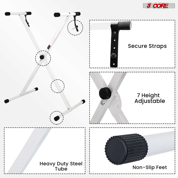 5 Core adjustable keyboard stand, X-style riser for 54, 61, 76, 88 key electric piano, silver, heavy duty steel, non-slip feet.