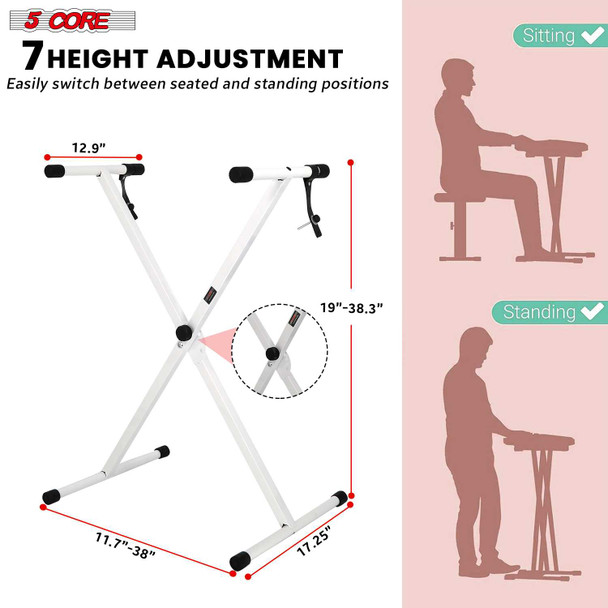 5 Core adjustable X-style keyboard stand, white, for 54-88 key electric pianos, with 7 height adjustments for sitting and standing positions.