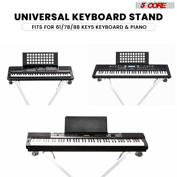 5 Core adjustable X-style keyboard stand for 54, 61, 76, 88 keys, universal electric piano riser in black color.