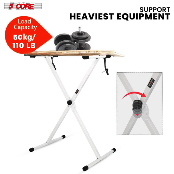 5 Core adjustable X style keyboard stand for 54, 61, 76, 88 keys, white and black color, sturdy piano riser for electric keyboards.