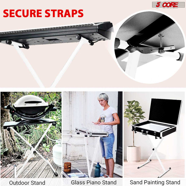 5 Core adjustable X style keyboard stand for 54, 61, 76, 88 keys electric piano riser in black color with white frame.