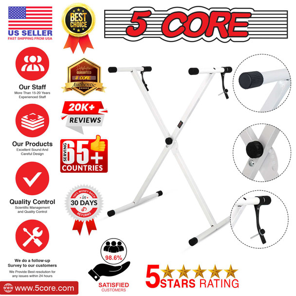 5 Core Adjustable X Style Keyboard Stand, Electric Piano Riser for 54, 61, 76, 88 Keys, white color, metal material, sturdy design.