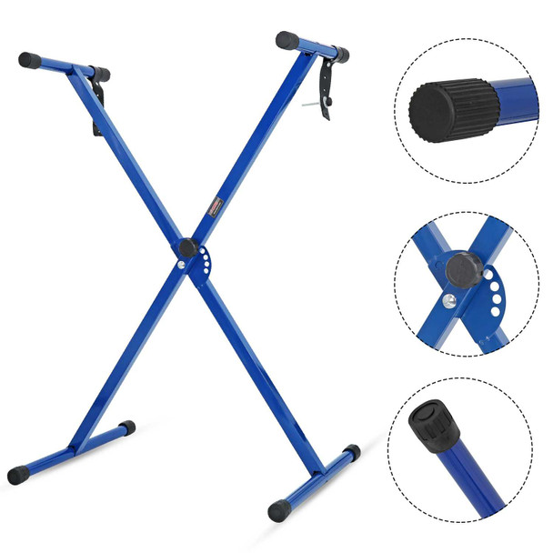Blue adjustable X-style keyboard stand for 54, 61, 76, 88 keys, electric piano riser with black accents and adjustable height settings.