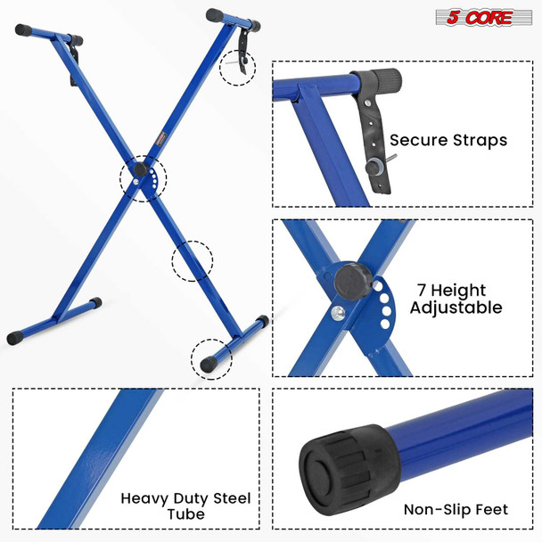 Blue 5 Core Keyboard Stand, Adjustable X Style Piano Riser for 54, 61, 76, 88 Keys, Heavy Duty Steel, Non-Slip Feet.