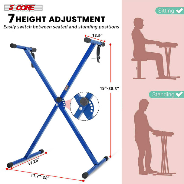 5 Core adjustable X-style keyboard stand, blue, for 54-88 key electric pianos, with 7 height adjustments for sitting and standing positions.