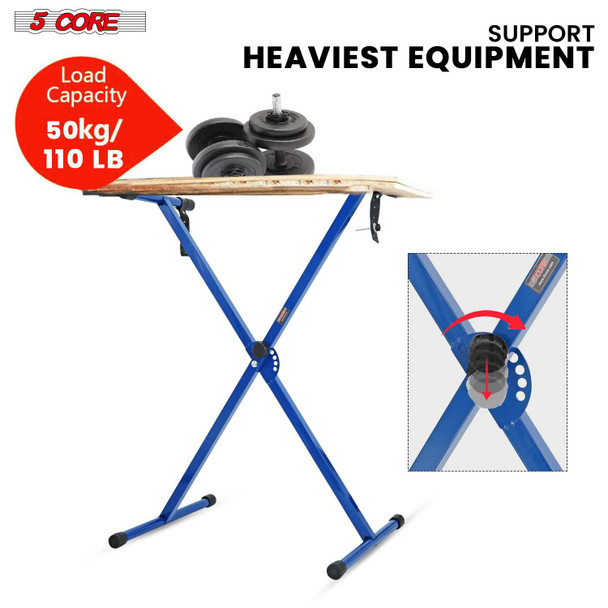 5 Core adjustable X style keyboard stand, blue metal, supporting 50kg, for 54, 61, 76, 88 keys electric piano riser.