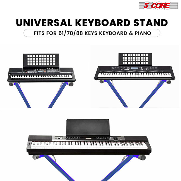 5 Core universal keyboard stand, adjustable X-style riser for 54, 61, 76, 88 key electric pianos and keyboards, black color.