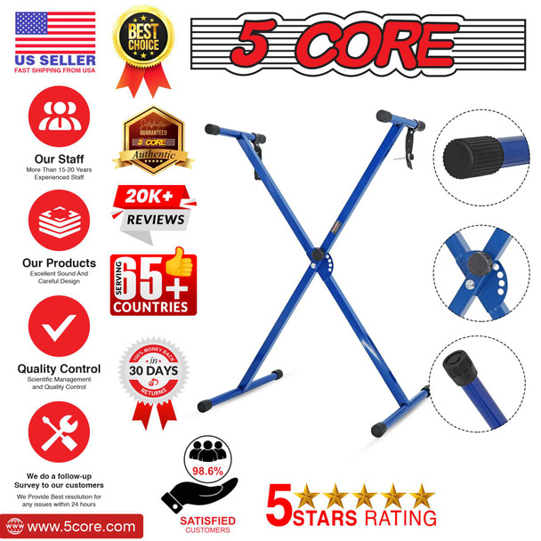 Blue X-style adjustable keyboard stand for 54, 61, 76, 88 keys, 5 Core brand, electric piano riser.