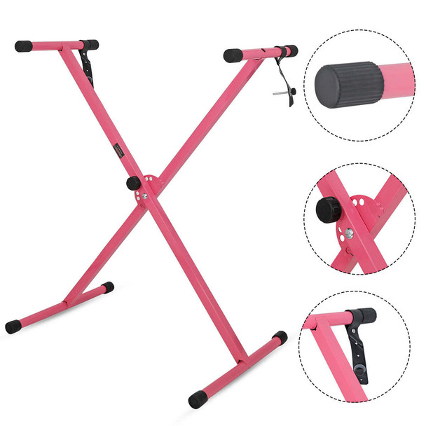 Pink adjustable X-style keyboard stand for 54-88 key electric pianos, featuring a sturdy design and adjustable height settings for comfortable playing experience.