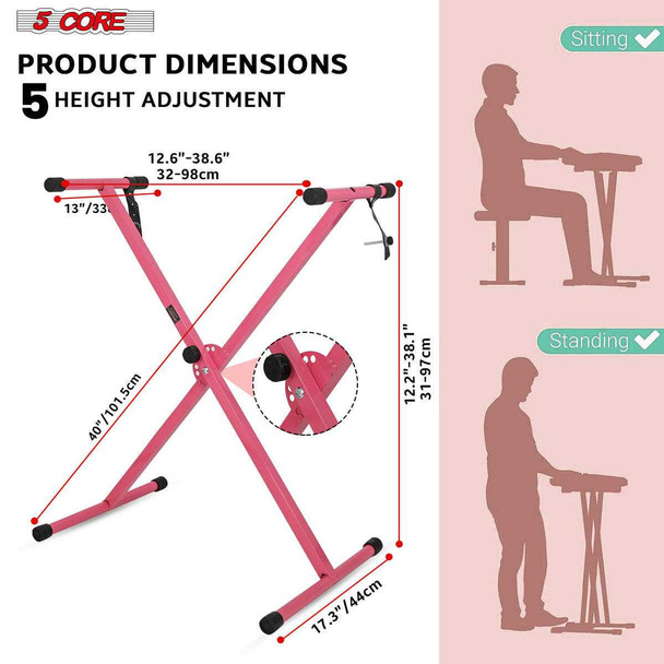Adjustable pink 5 Core keyboard stand for 54, 61, 76, 88 keys, X-style electric piano riser with five height adjustments.