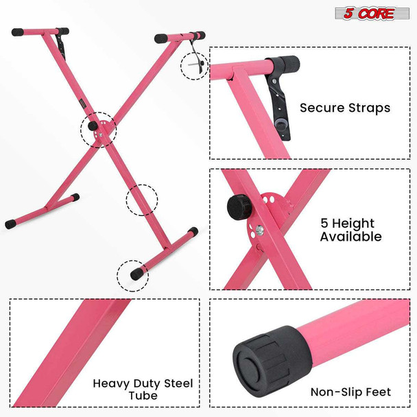 5 Core pink adjustable X style keyboard stand for 54, 61, 76, 88 keys electric piano riser with secure straps and non-slip feet.