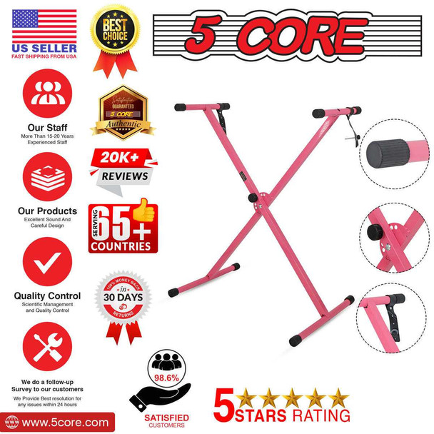 5 Core Adjustable X Style Keyboard Stand for 54, 61, 76, 88 Keys Electric Piano Riser in pink color.