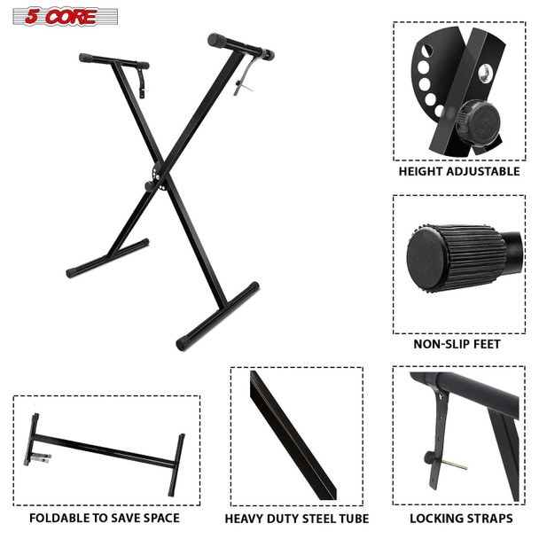 Black adjustable X-style keyboard stand for 54, 61, 76, 88 keys, heavy duty steel, non-slip feet, height adjustable, foldable piano riser.