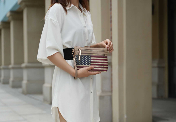 Alisson Vegan Leather Women Printed FLAG Crossbody with Wristlet Bag, American flag design, vegan leather, crossbody bag.