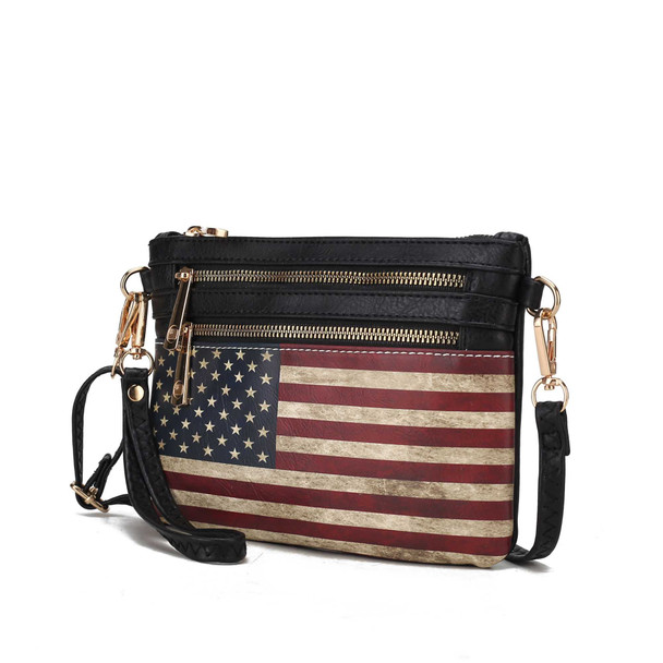 Alisson Vegan Leather Women Printed FLAG Crossbody with Wristlet Bag, black, american flag design, gold hardware, shoulder strap, and wristlet.
