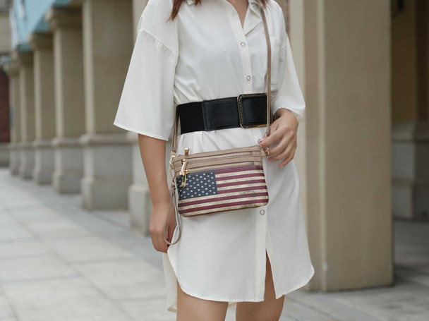 Alisson Vegan Leather Women Printed FLAG Crossbody with Wristlet Bag, American flag design, vegan leather, crossbody bag, wristlet bag.