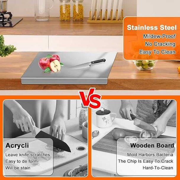 Stainless steel cutting board on countertop with knife and fruit, ideal for chefs and home cooks, mildew-proof and easy to clean.