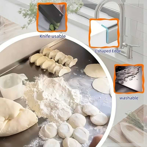 Stainless steel cutting board, Honesty House, with dough and flour, showcasing knife usability, L-shaped edge, and washable features in a kitchen setting.