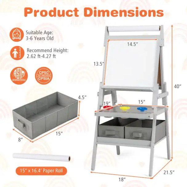 Gray 3-in-1 art easel for kids, magnetic chalkboard and whiteboard, wooden storage bins, colorful painting tray, suitable for ages 3-6 years old.
