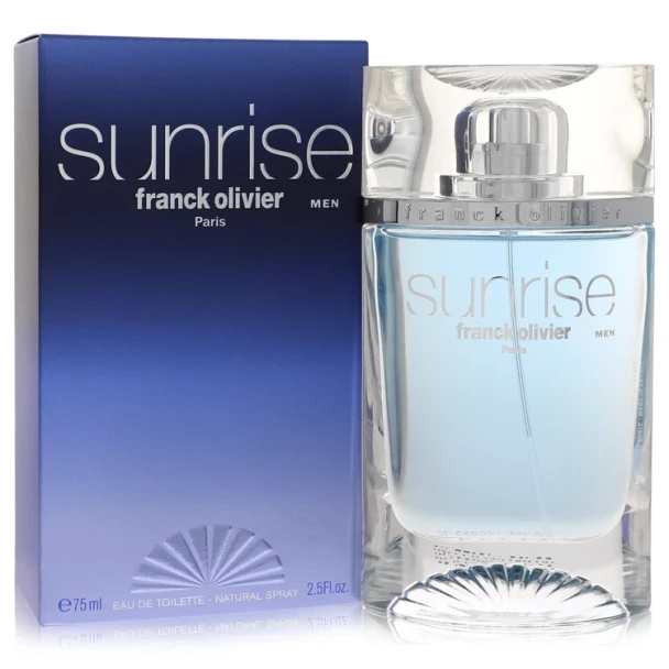 Sunrise Franck Olivier Cologne for Men, 2.5 Oz Eau De Toilette Spray bottle and box, clear glass with blue liquid and silver cap.