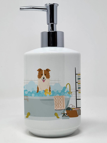 Red White Border Collie in Bathtub Ceramic Hand Soap Dispenser product image at NuMercy