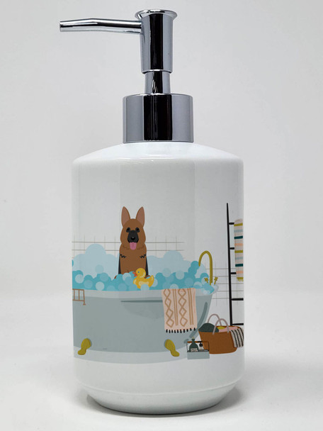 German Shepherd in Bathtub Ceramic Hand Soap Dispenser product image at NuMercy