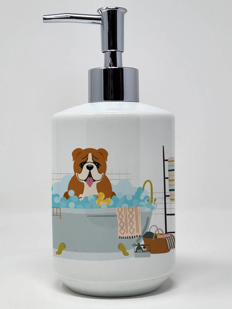 Red White English Bulldog in Bathtub Ceramic Hand Soap Dispenser product image at NuMercy