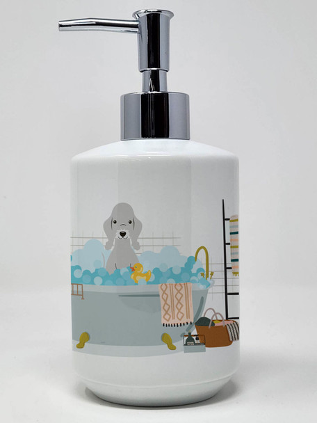 Blue Bedlington Terrier in Bathtub Ceramic Hand Soap Dispenser product image at NuMercy