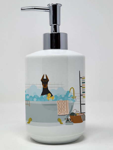 Black and Tan Doberman Pinscher Ceramic Hand Soap Dispenser product image at NuMercy