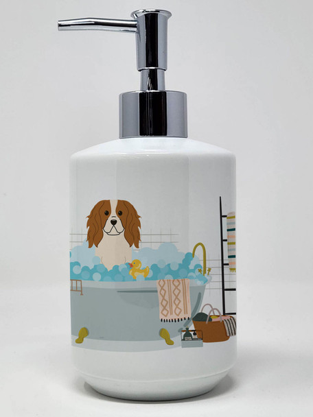 Cavalier Spaniel in Bathtub Ceramic Hand Soap Dispenser product image at NuMercy
