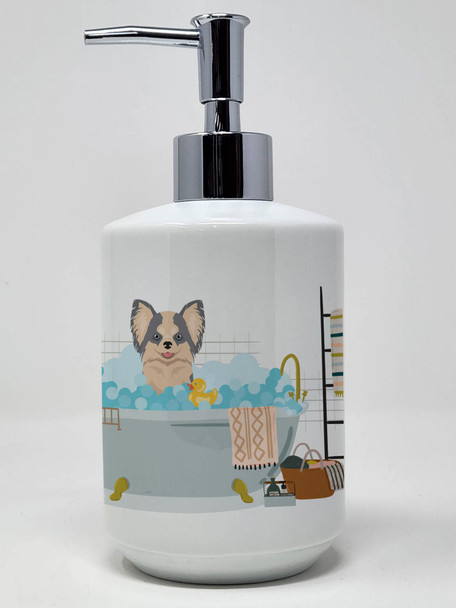 Longhaired Blue and White Chihuahua Ceramic Hand Soap Dispenser product image at NuMercy