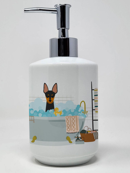 English Toy Terrier in Bathtub Ceramic Hand Soap Dispenser product image at NuMercy