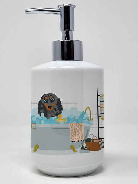 Longhair Blue and Tan Dapple Dachshund Ceramic Hand Soap Dispenser product image at NuMercy